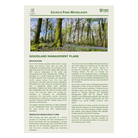 An informational flyer titled Escrick Park Woodlands: Woodland Management Plans featuring an image of a forest with trees and a field of blue flowers. Text details the history and management strategies for the woodland area.