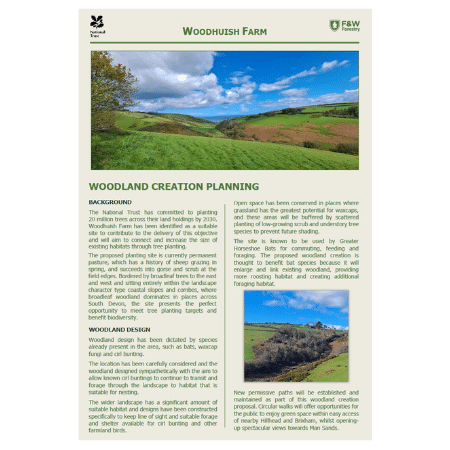 A brochure titled Woodhuish Farm featuring a landscape photo of fields and woods under a blue sky. The text discusses woodland creation planning, its background, and the design approach for newly planted areas.