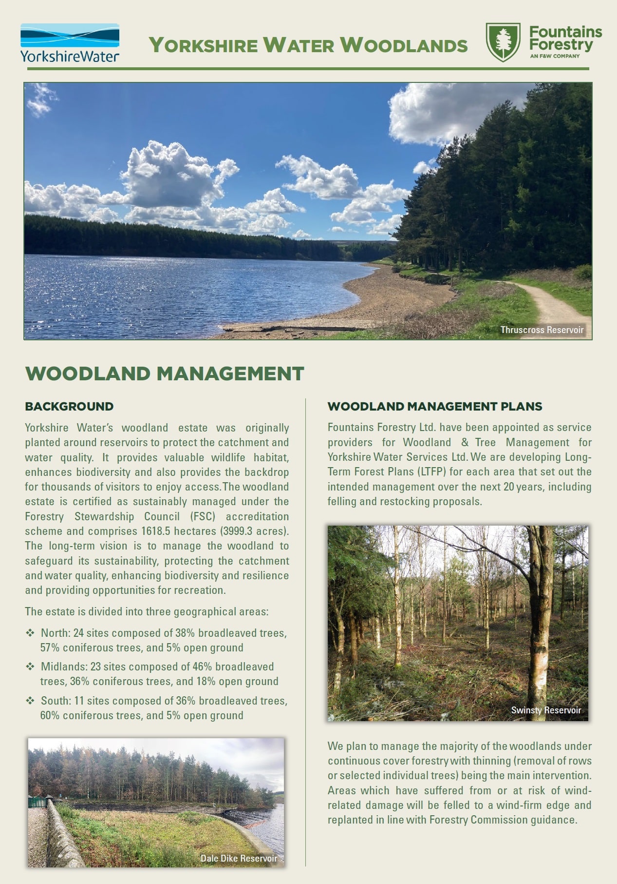 Infographic titled Yorkshire Water Woodlands. It details woodland management, including background, strategies, and management plans. Features images of reservoirs and trees, and logos of Yorkshire Water and Fountains Forestry.