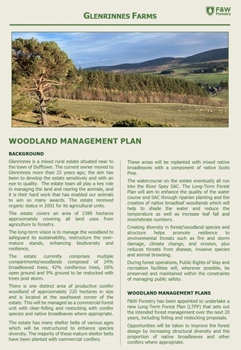 An informational leaflet about Glenrinnes Farms including details of woodland management plans.