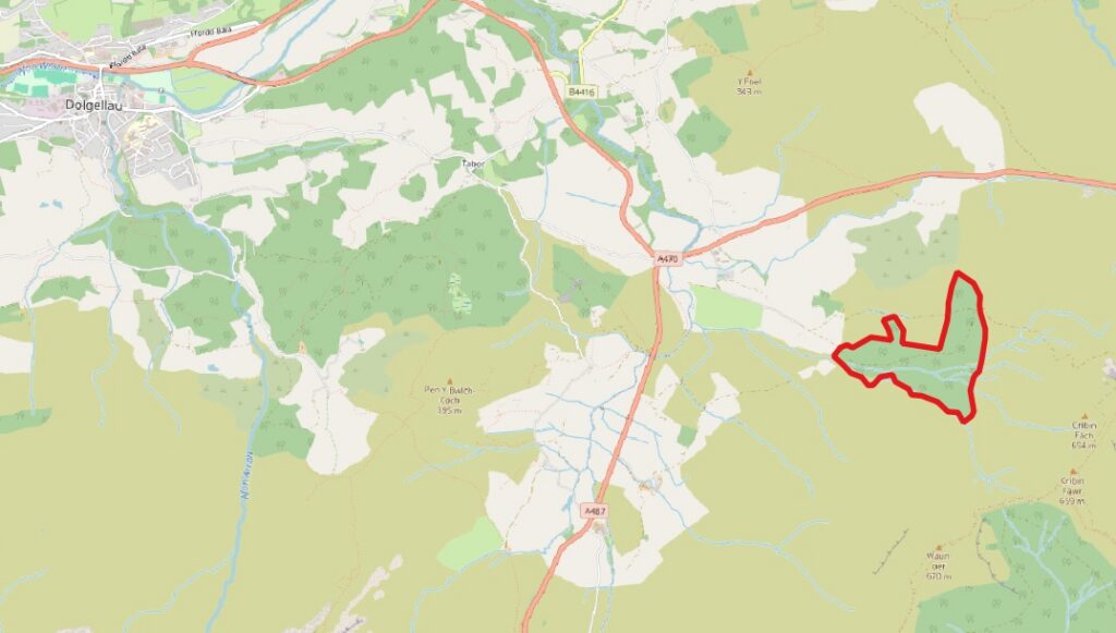 A map showing the area around Dolgellau, with a red outline marking a specific region of land east of the A470 road.